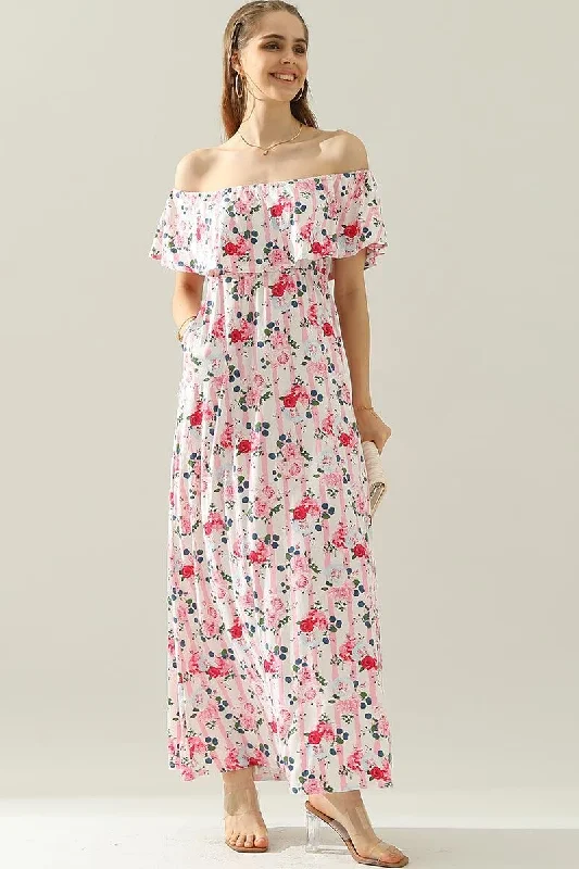 LAYERED OFF THE SHOULDER MAXI DRESS Comfortable Maxi Dress with Belt