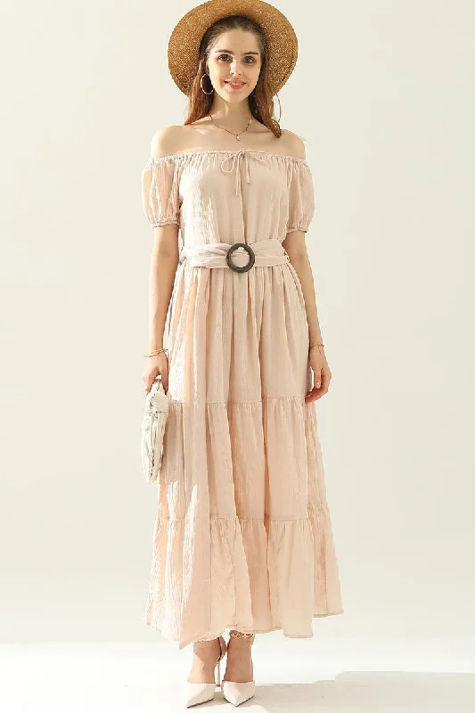 TIERED OFF SHOULDER SHORT SLEEVE MAXI DRESS Casual Maxi Dress with Pockets