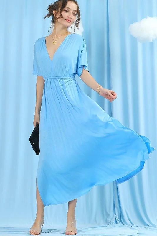 V NECK SHORT SLEEVE BACK BOW TIE EMPIRE MAXI DRESS Comfortable Maxi Dress with Sleeves