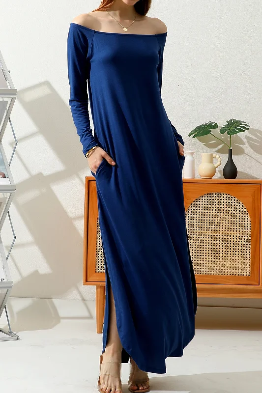 OFF SHOULDER ROUND HEM MAXI DRESS WITH POCKETS Comfortable Plunging Neckline Maxi Dress