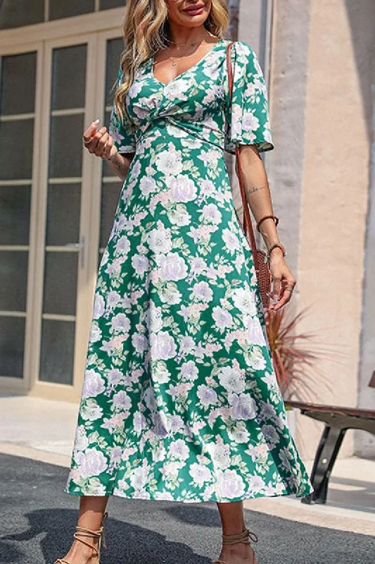 WOMEN HIGH EMPIRE WAIST FLORAL MAXI DRESS Stylish Long Sleeve Maxi Dress