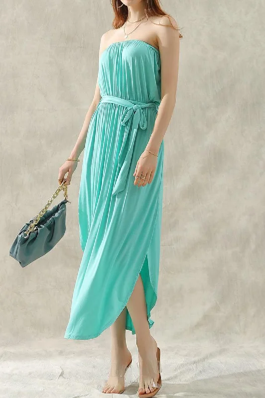 OFF SHOULDER TUBE TOP MAXI DRESS WITH WAIST STRAP Elegant Wraparound Maxi Dress