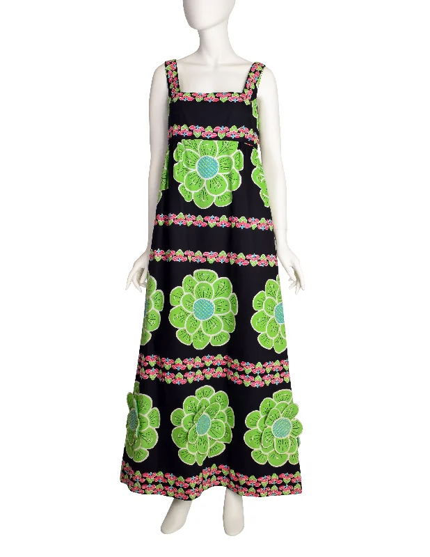 Design Thai Vintage Vivid Bright Green 3D Flower Black Cotton Maxi Dress Classic Strapless Maxi Dress