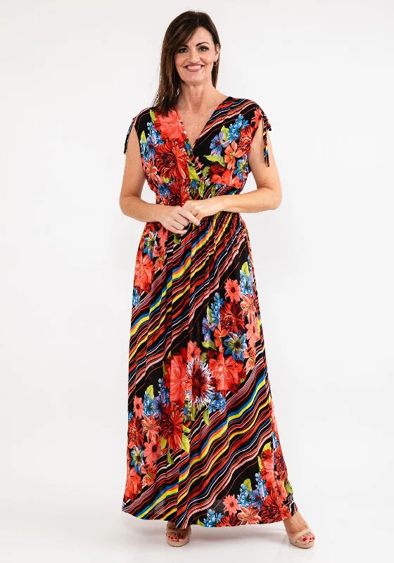 Seventy1 Stripe & Floral Maxi Dress, Black & Coral Multi Elegant Velvet Maxi Dress