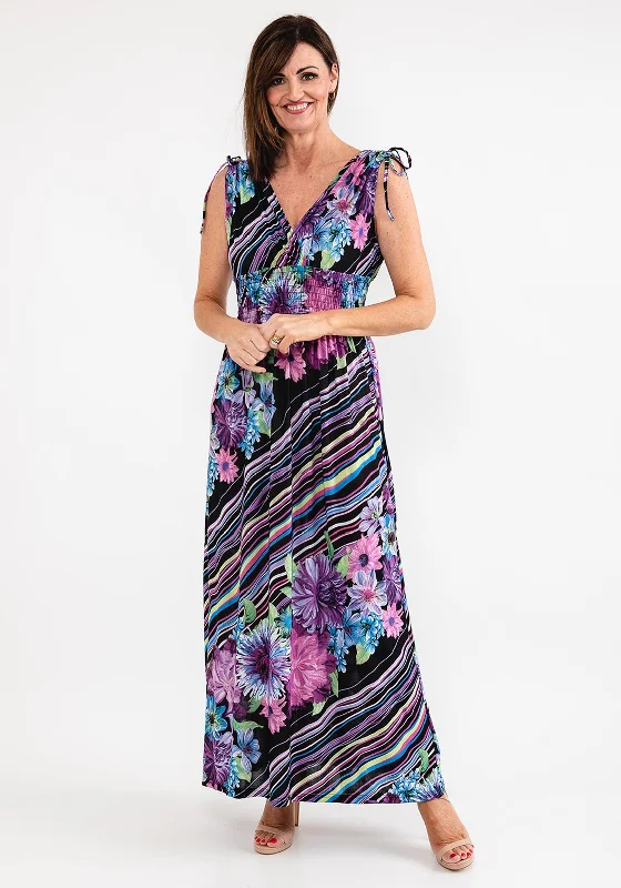Seventy1 Stripe & Floral Maxi Dress, Black & Lilac Multi Elegant Tiered Maxi Dress