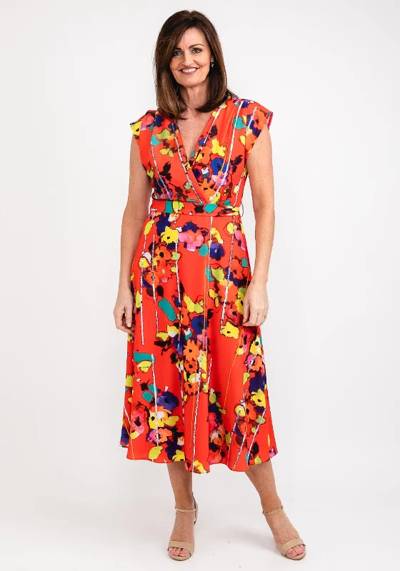 Ella Boo Abstract Floral Print Maxi Dress, Red Multi Elegant Maxi Dress with Drapes
