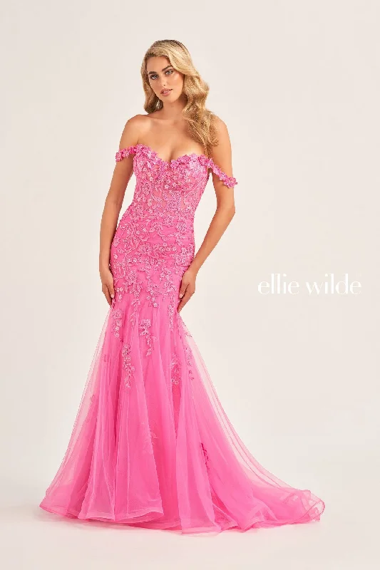 Ellie Wilde EW35102 Long Mermaid Fitted Applique Prom Dress