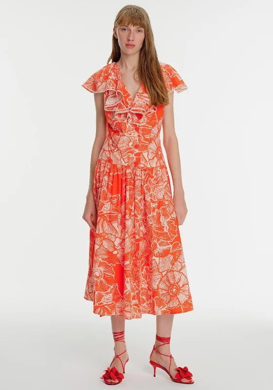 Exquise Ruffle Neck Floral Maxi Dress, Orange Elegant Tiered Maxi Dress