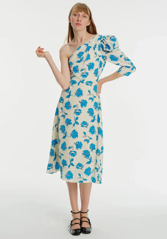 Exquise Floral One Sleeve Maxi Dress, Blue & Beige Trendy Floral Print Maxi Dress