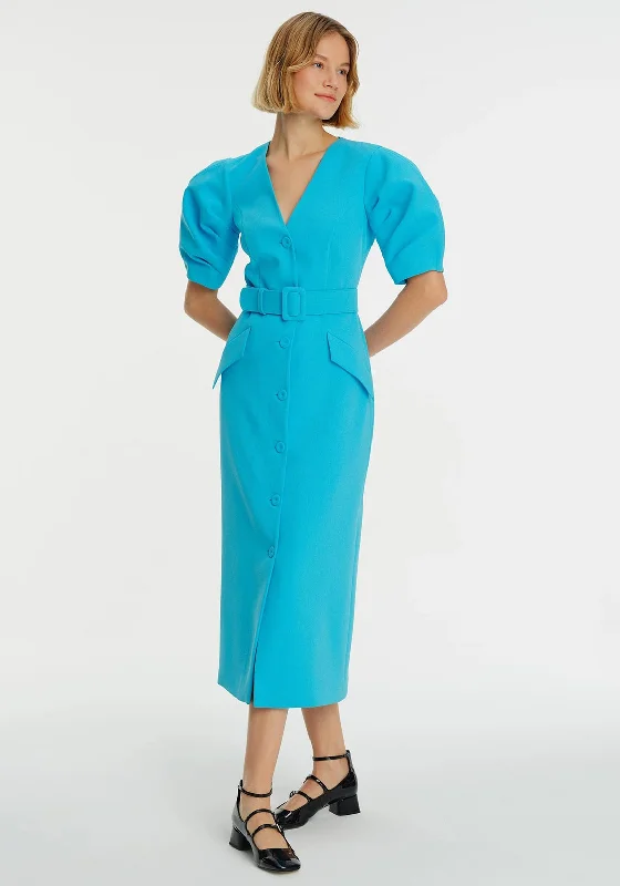 Exquise Belted Puff Sleeve Maxi Dress, Blue Comfortable Maxi Dress with Sleeves