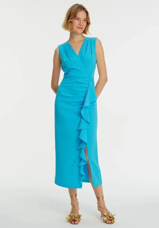 Exquise Ruffle Front Sleeveless Maxi Dress, Blue Elegant Maxi Dress with Pockets