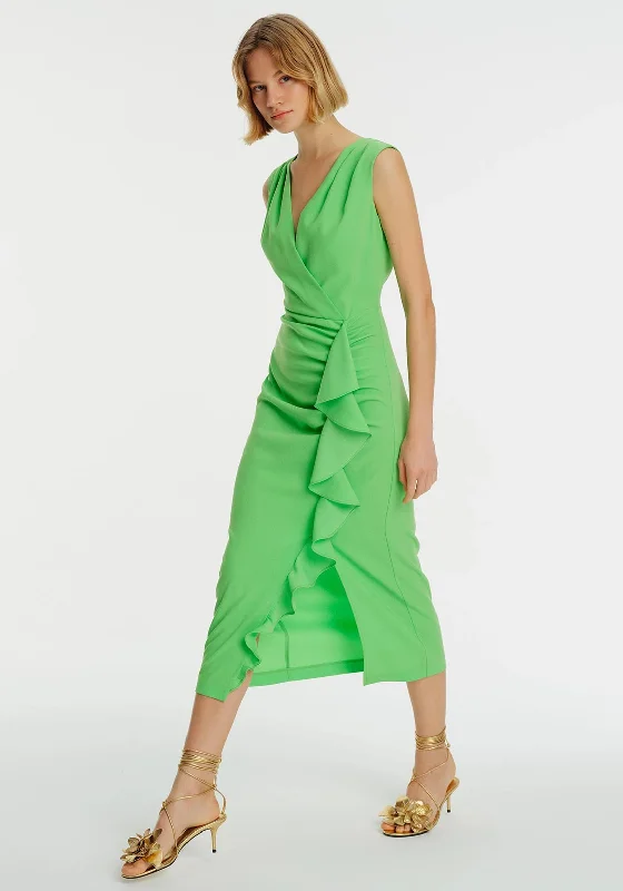 Exquise Ruffle Front Sleeveless Maxi Dress, Green Elegant Sleeveless Maxi Dress