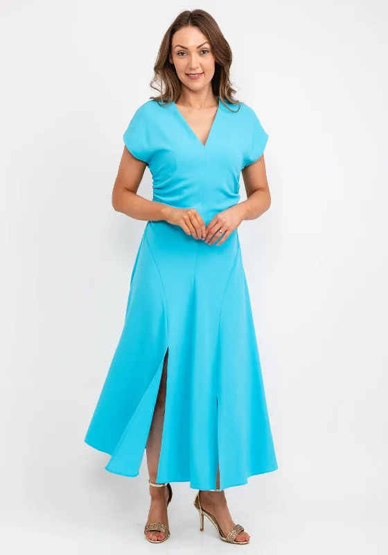 Exquise Ruched Sides Maxi Dress, Blue Elegant Silk Maxi Dress