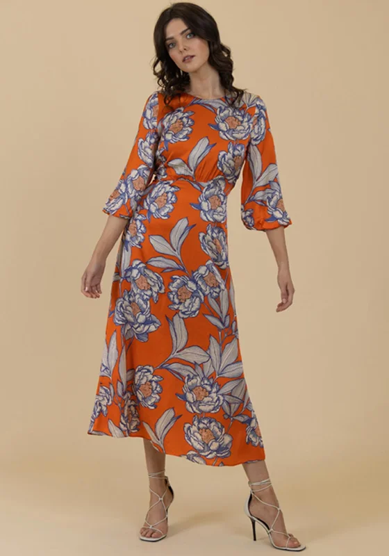 Fee G Floral Satin Maxi Dress, Orange Elegant Maxi Dress with Belt