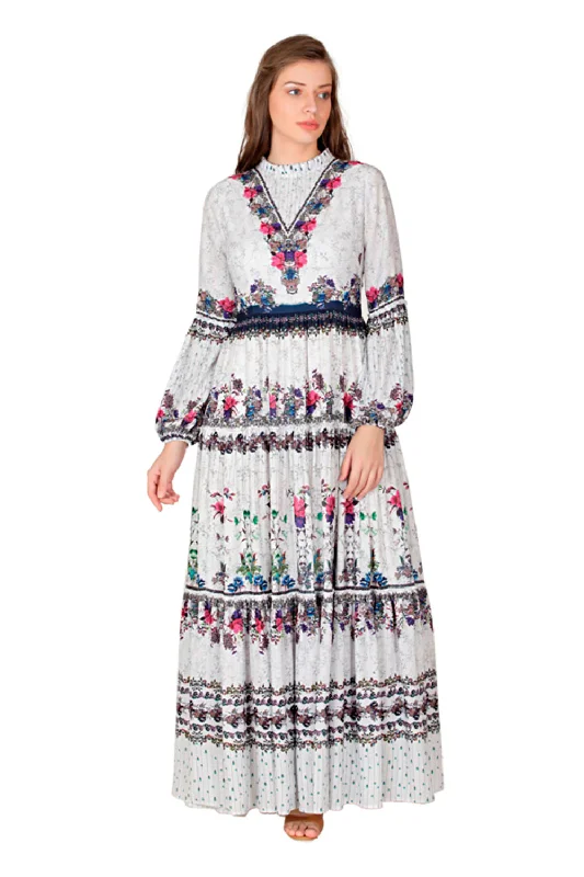 Pleated Collar 3-Tier Maxi Dress Trendy Floral Print Maxi Dress