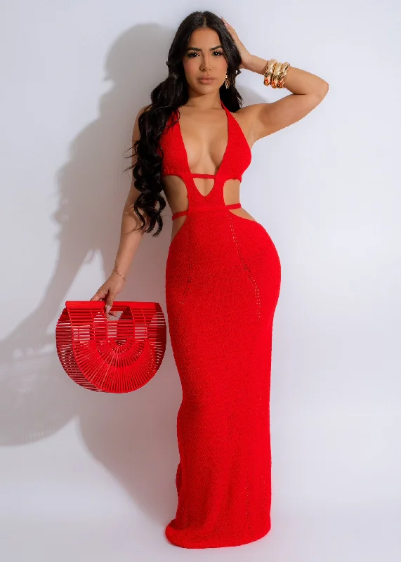 Girl Talk Crochet Maxi Dress Red Fashionable Halter Neck Maxi Dress