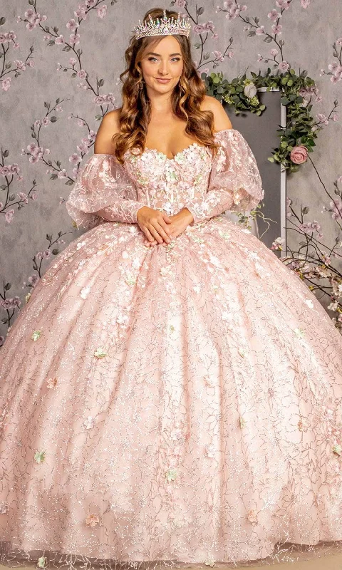 GLS by Gloria GL3466 - Applique Embellished Long Puff Sleeve Ballgown