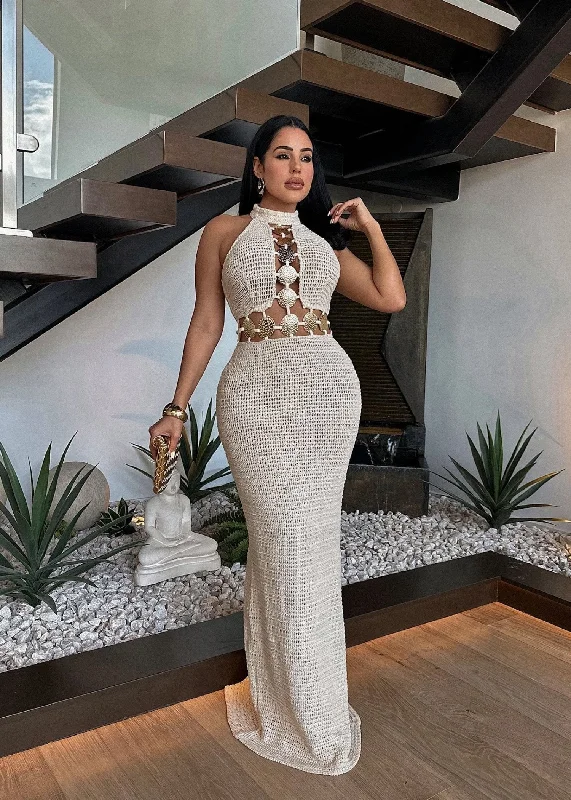 Golden Sands Knit Maxi Dress Nude Cozy Open-Back Maxi Dress