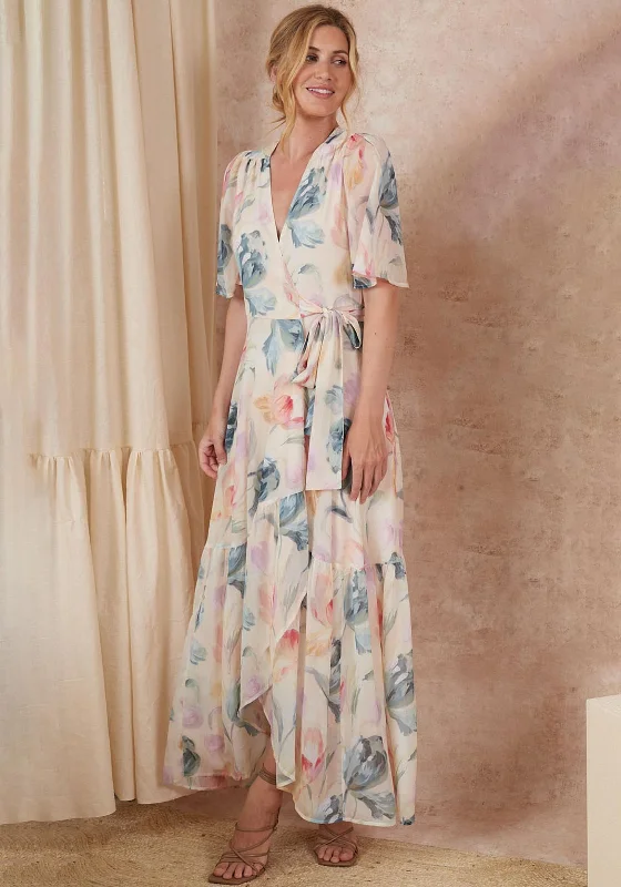 Hope & Ivy Carin Floral Wrap Maxi Dress, Cream Multi Comfortable T-Shirt Maxi Dress
