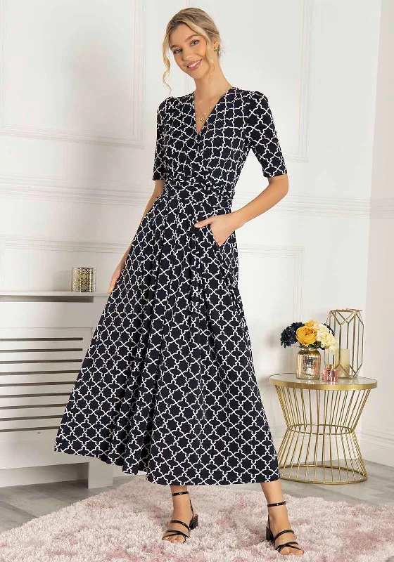Jolie Moi Kiera Geo Maxi Dress, Navy & White Trendy Floral Print Maxi Dress