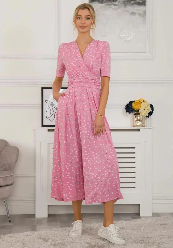 Jolie Moi Lyanna Spotty Maxi Dress, Dusty Pink Trendy Maxi Dress with Belt