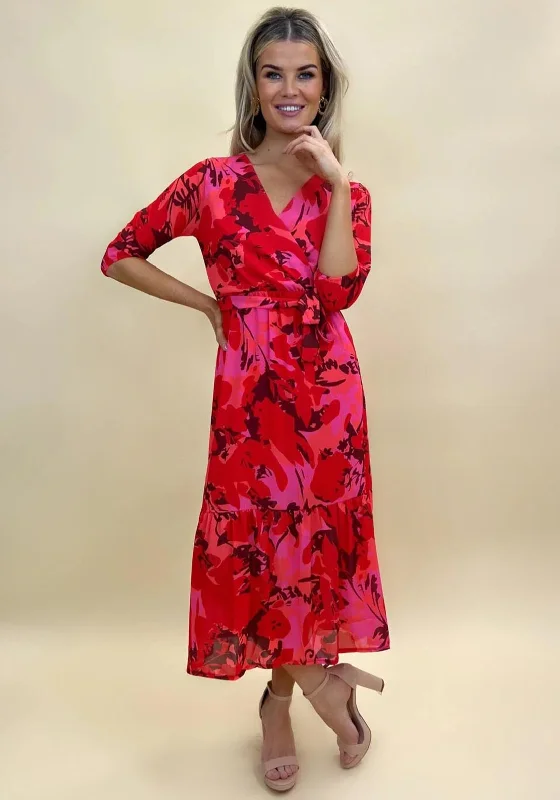 Kate & Pippa Boho Print Maxi Dress, Red Elegant Maxi Dress with Belt
