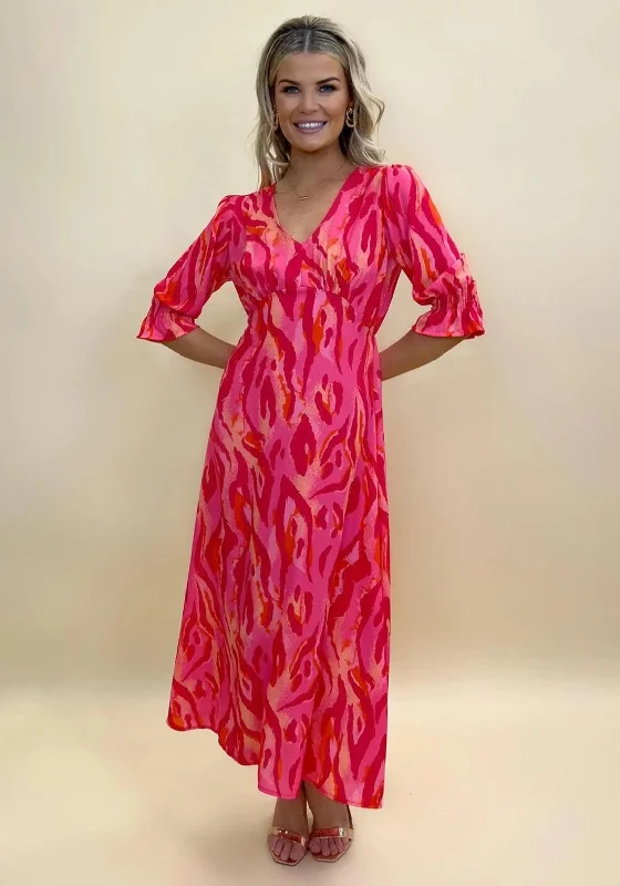 Kate & Pippa Streasa Print Maxi Dress, Red & Pink Trendy Fit-and-Flare Maxi Dress
