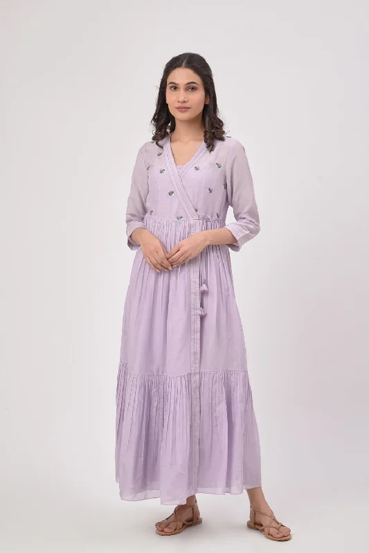 Lilac Angrakha Maxi Dress Stylish Off-Shoulder Maxi Dress