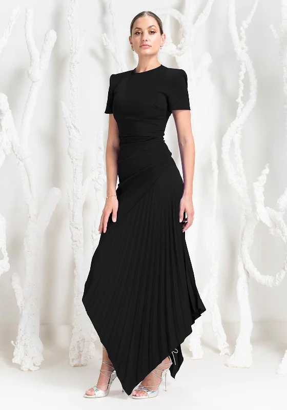 Kevan Jon Blaire Ruched Pleat Maxi Dress, Black Chic Boho Print Maxi Dress