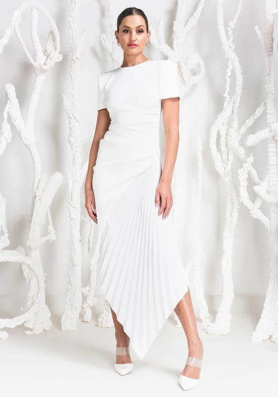 Kevan Jon Blaire Ruched Pleat Maxi Dress, Ivory Trendy Maxi Dress with Straps