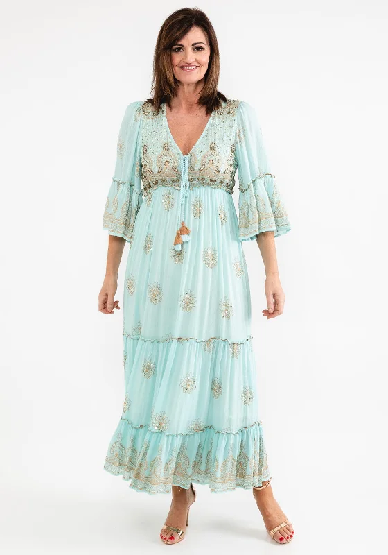 Seventy1 One Size Embellished Smock Maxi Dress, Duck Egg Fashionable Button-Down Maxi Dress Seventy1 One Size Embellished Smock Maxi Dress, Duck Egg Fashionable Button-Down Maxi Dress