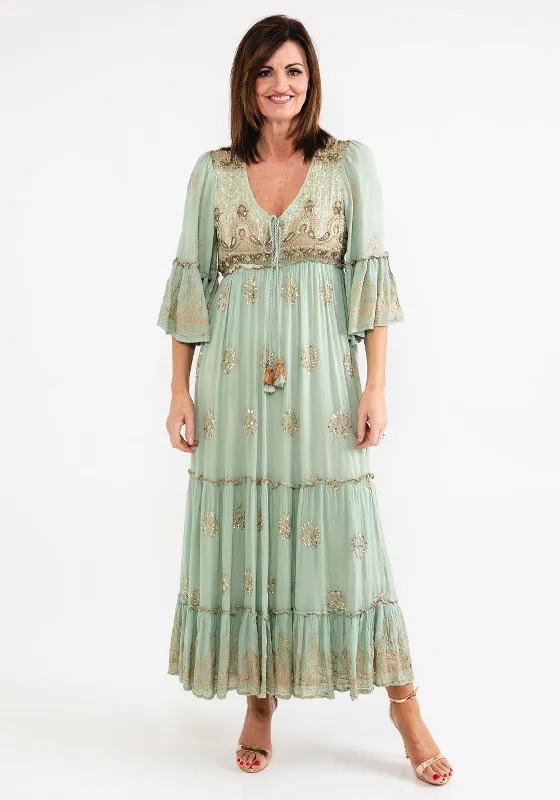 Seventy1 One Size Embellished Smock Maxi Dress, Green Fashionable Printed Maxi Dress Seventy1 One Size Embellished Smock Maxi Dress, Green Fashionable Printed Maxi Dress