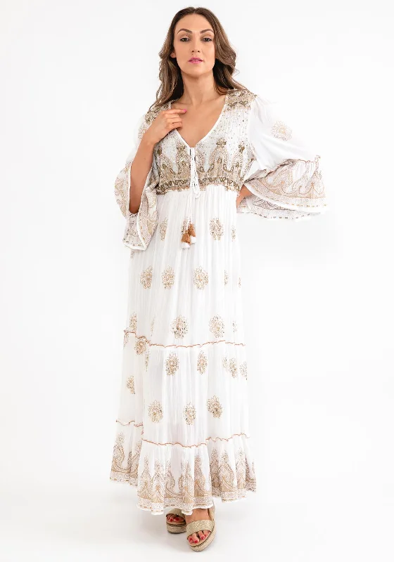 Seventy1 One Size Embellished Smock Maxi Dress, White Comfortable Fit-and-Flare Maxi Dress Seventy1 One Size Embellished Smock Maxi Dress, White Comfortable Fit-and-Flare Maxi Dress