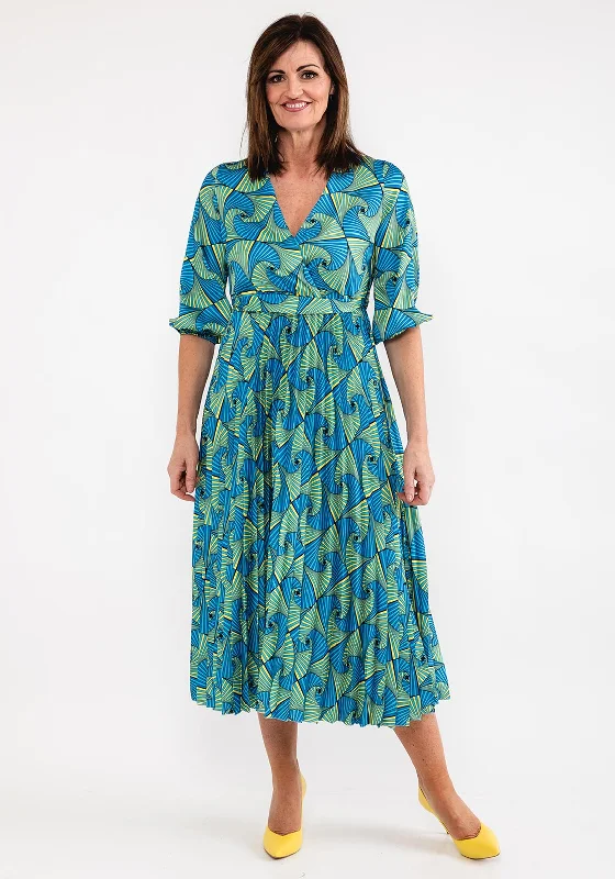 Seventy1 One Size Fan Print Pleated Maxi Dress, Blue Multi Cozy Maxi Dress with Slit Seventy1 One Size Fan Print Pleated Maxi Dress, Blue Multi Cozy Maxi Dress with Slit