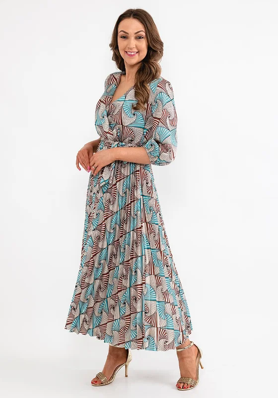 Seventy1 One Size Fan Print Pleated Maxi Dress, Teal Multi Trendy A-Line Maxi Dress