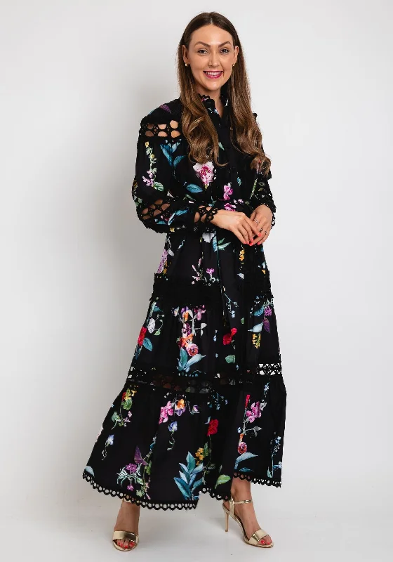 The Serafina Collection Floral Print with Broidery Maxi Dress, Black Multi Trendy Printed Maxi Dress