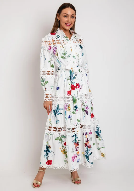 The Serafina Collection Floral Print with Broidery Maxi Dress, White Multi Trendy Maxi Dress with Belt