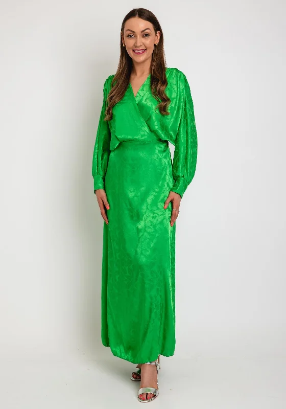 The Sofia Collection Leaf Print Satin Batwing Maxi Dress, Green Elegant Maxi Dress with Ruffles