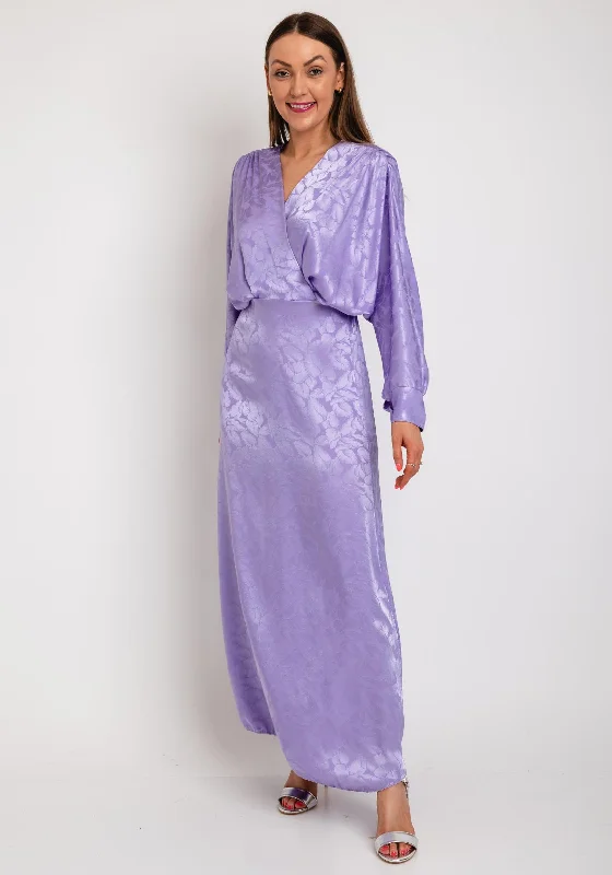 The Sofia Collection Leaf Print Satin Batwing Maxi Dress, Lilac Comfortable Casual Maxi Dress