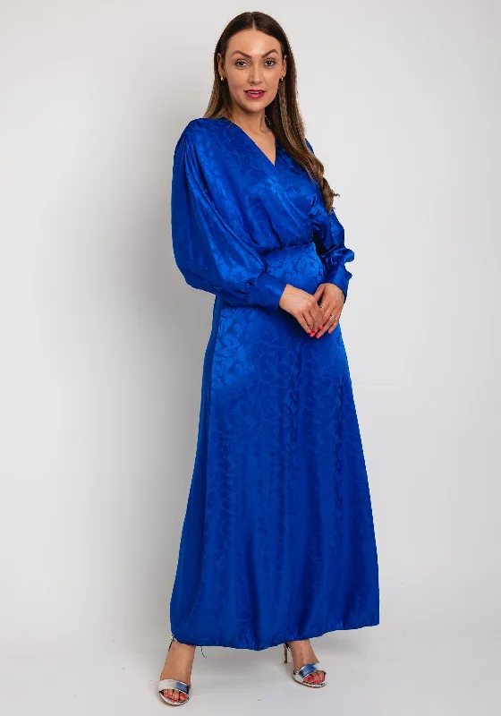 The Sofia Collection Leaf Print Satin Batwing Maxi Dress, Royal Blue Cozy Maxi Dress with Slit