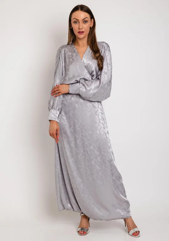 The Sofia Collection Leaf Print Satin Batwing Maxi Dress, Silver Fashionable Printed Maxi Dress