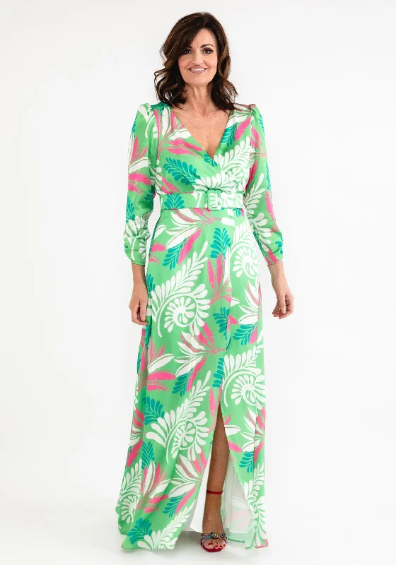 Laura Bernal Tropical Print Faux Wrap Maxi Dress, Green Elegant Maxi Dress with Lace Laura Bernal Tropical Print Faux Wrap Maxi Dress, Green Elegant Maxi Dress with Lace