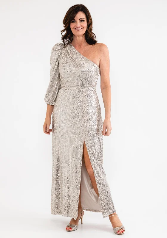 Laura Bernal One Shoulder Sequin Maxi Dress, Nude Comfortable Flowy Maxi Dress