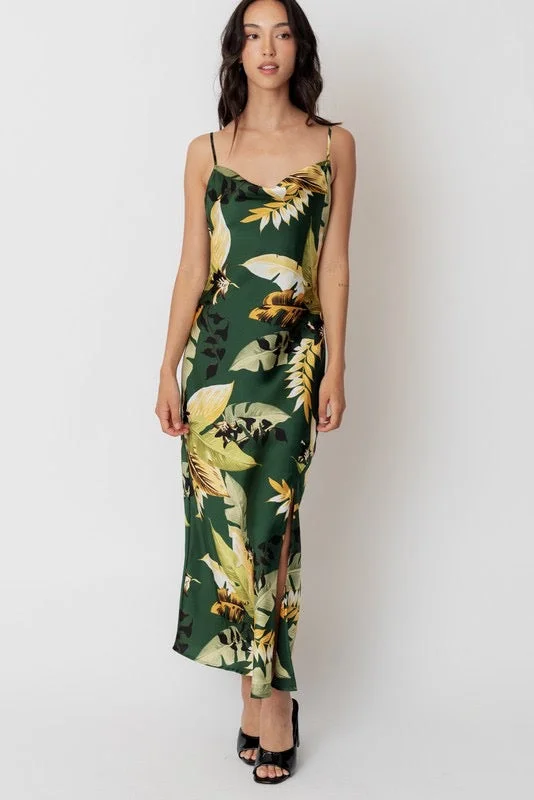 Leaf Print Cowl Maxi Dress Trendy A-Line Maxi Dress