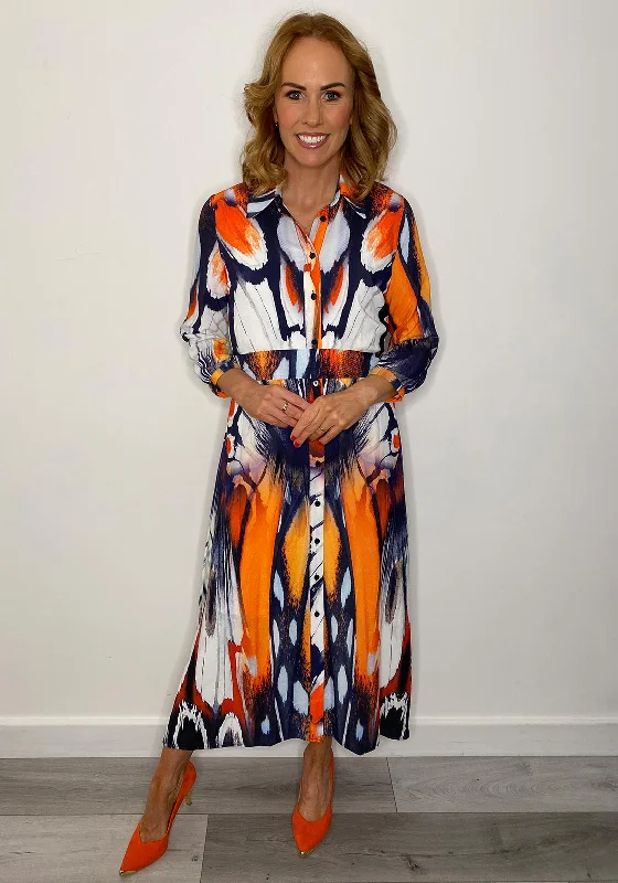 Lizabella Chiffon Print Shirt Maxi Dress, Orange & Navy Multi Fashionable High-Low Maxi Dress Lizabella Chiffon Print Shirt Maxi Dress, Orange & Navy Multi Fashionable High-Low Maxi Dress