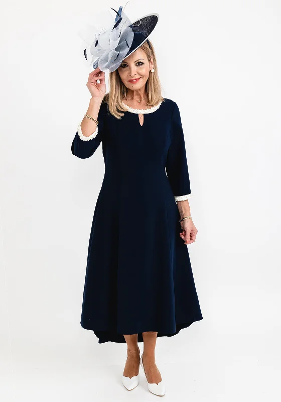 Lizabella Pearl Trim High Low Maxi Dress, Navy Chic Summer Floral Maxi Dress