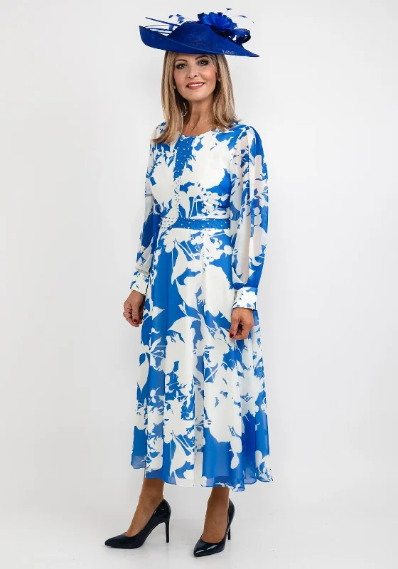 Lizabella Floral Chiffon Maxi Dress, Blue & White Fashionable Halter Neck Maxi Dress
