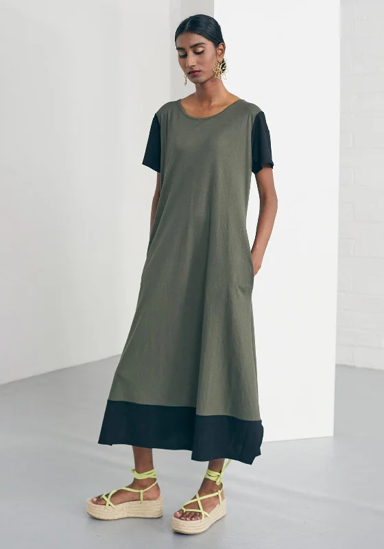 Naya Contrast Trim Smock Maxi Dress, Khaki & Black Trendy Short Sleeve Maxi Dress