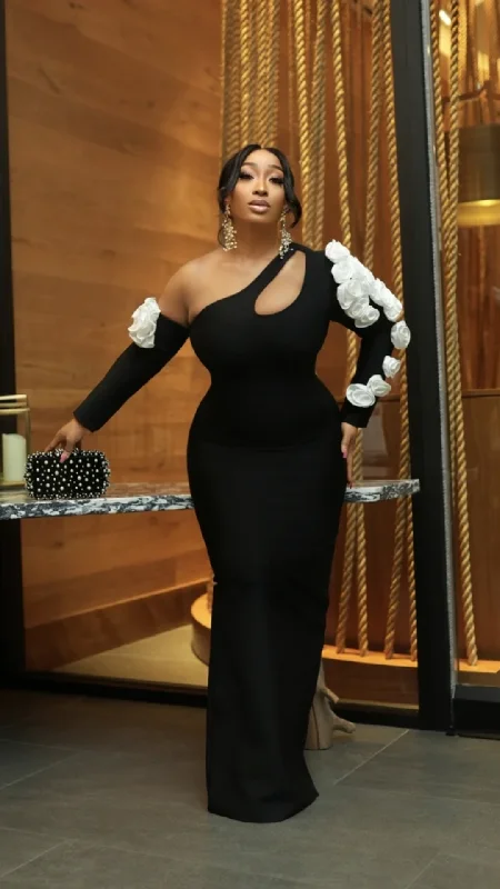 Noir Petal Long Sleeve Maxi Dress - Preorder Ships in 4-6 weeks Trendy Off-Shoulder Ruffle Maxi Dress