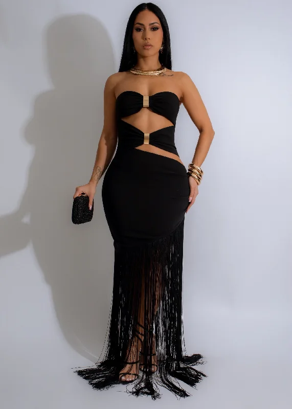 Obsidian Dusk Fringe Maxi Dress Black Classic Black Maxi Dress